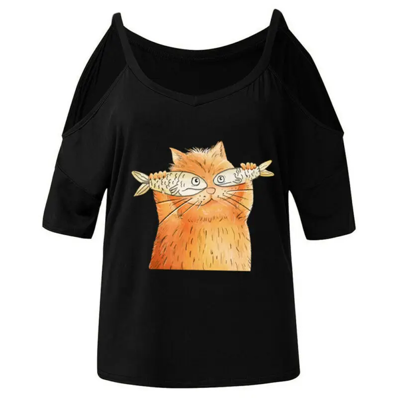 

Women's Cold Shoulder Short Sleeve T-Shirt Tops Cat Printed Casual Blouse Tee