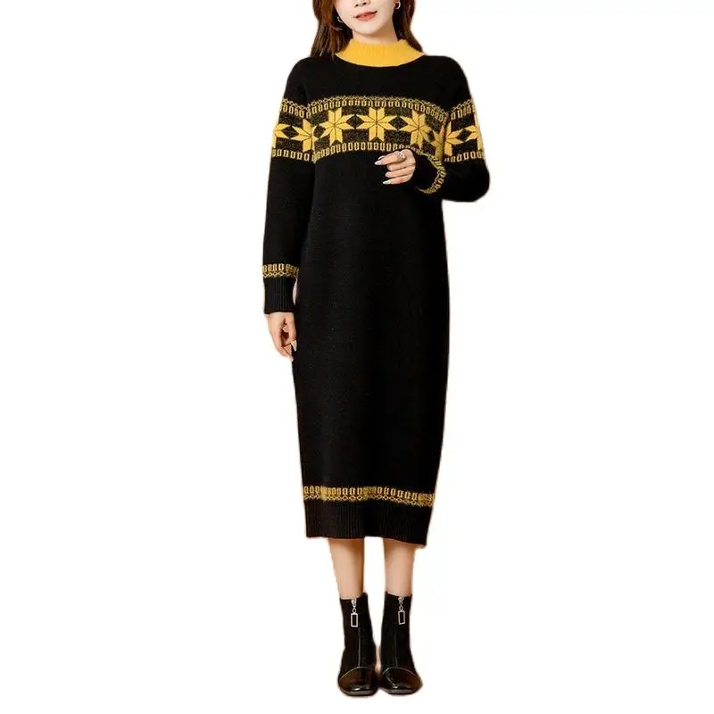 

New Spring Autumn Sweater Dresses Female Loose Knit Dress Women Plus Size Outer Wear and Inner Wear Long Bottoming Dress Lady