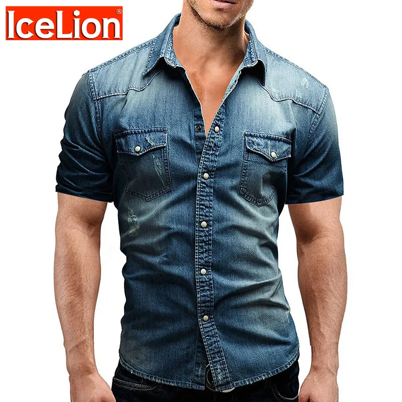 

IceLion 2023 New Short Sleeves Denim Shirt Men Camisa Social Masculina Slim Fit Pocket Shirts Fashion Casual Solid Mens Shirts