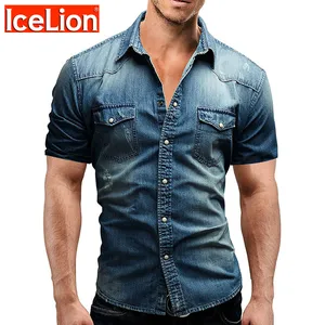 Рубашка джинсовая мужская, с короткими рукавами, с карманами, приталенная, 2021