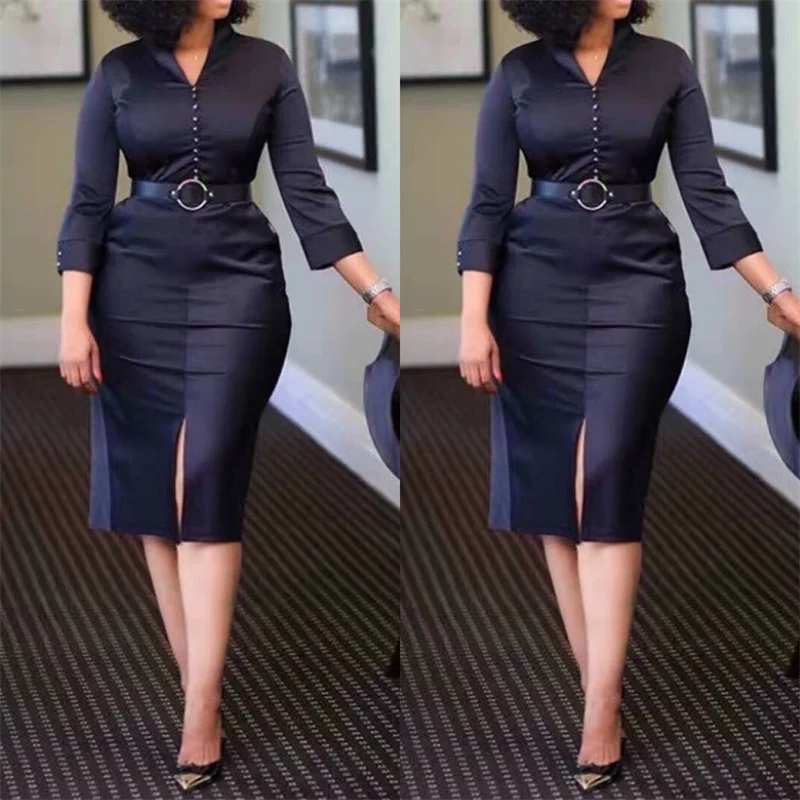 

African Fashion Women Dress Bodycon with Waist Belt Bead Office Ladies Modest Classy Elegant Slim Autumn Black Fashion New Robe