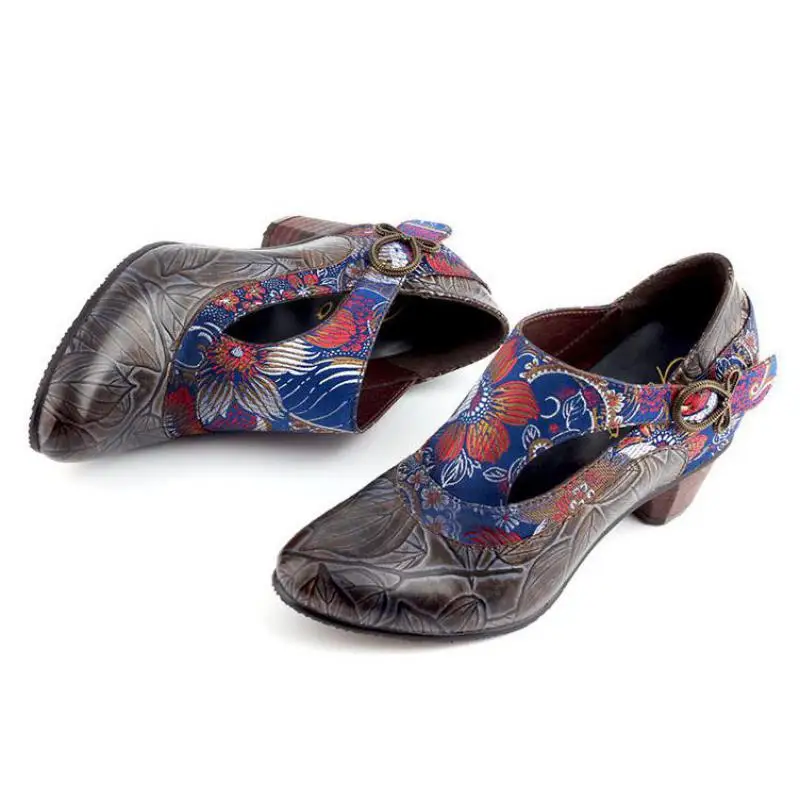 

Johnature Autumn Pumps Women Shoes 2021 New Genuine Leather Hook & Loop Retro High Heels Round Toe Casual Handmade Ladies Shoes