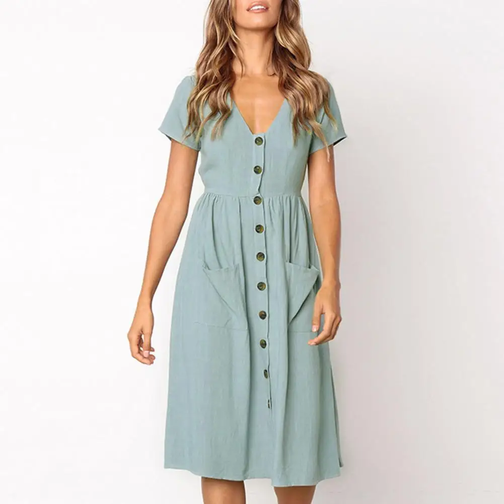 

Fashion Summer Dress Women V-neck Single Breasted Knee Length Buttons Pocket Solid Color Party Slim A-line Dresses Femme