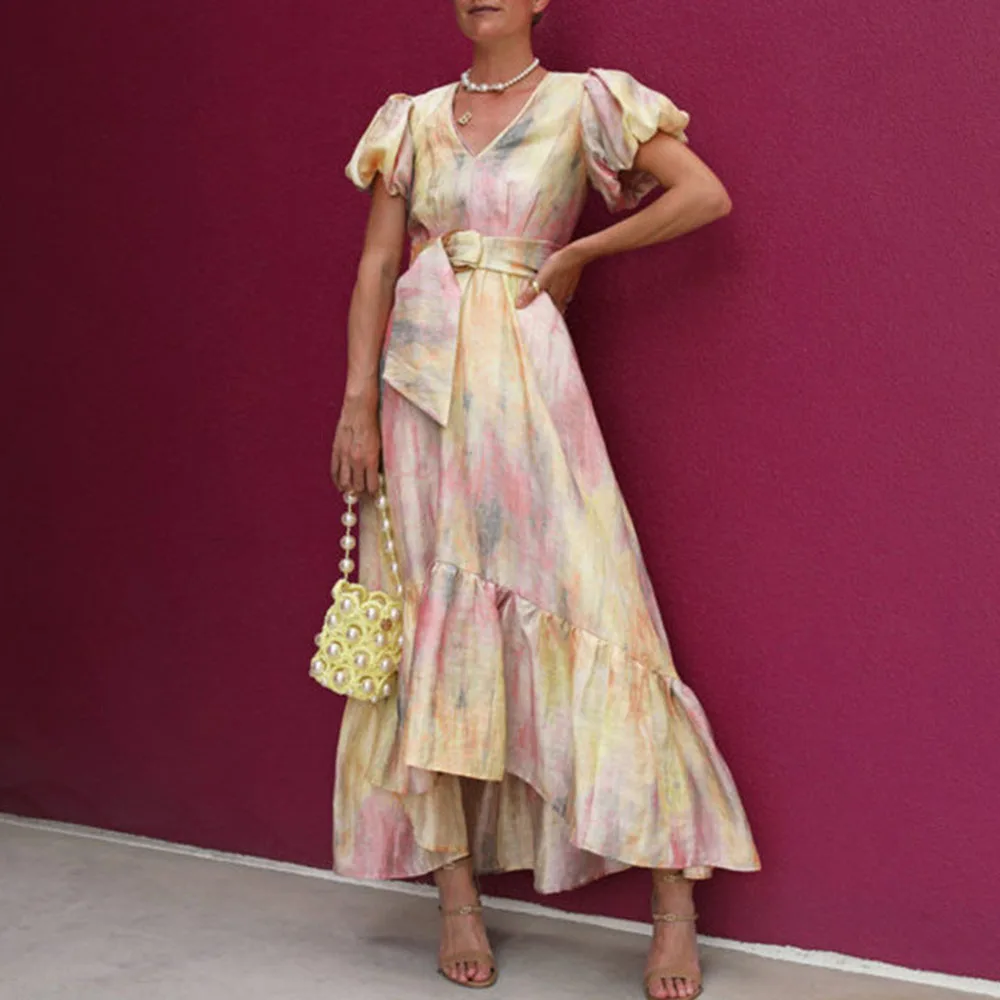 

Women's Long Dresses 2021 Summer Fashion Casual Simple Elegant High Waist Color Block Print V-neck Puff Sleeve Vintage Dress