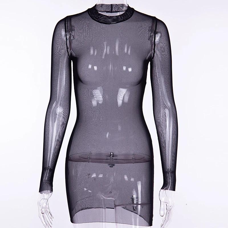 Сетчатое прозрачное сексуальное платье Townlike с длинным рукавом женское черное