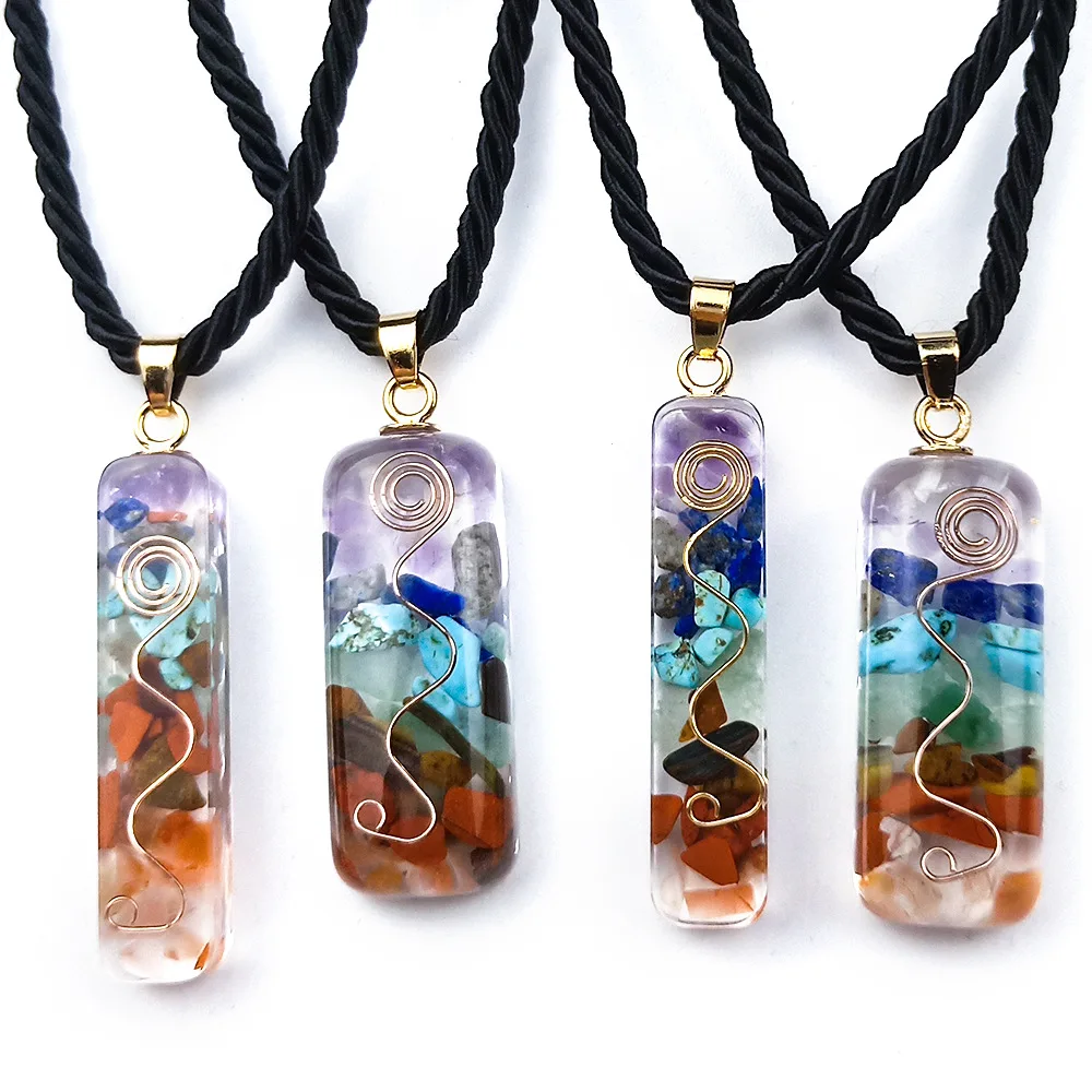 

Retro Reiki Healing Colorful Chips Stone Natural Chakra Orgone Energy Pendant Necklace Pendulum Amulet Orgonite Crystal Necklace