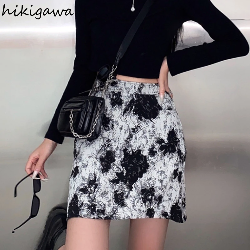 

Hikigawa черная юбка с цветочным принтом корейская модная одежда трапециевидная Женская юбка тонкие женские мини-юбки Япония 2021 летняя юбка