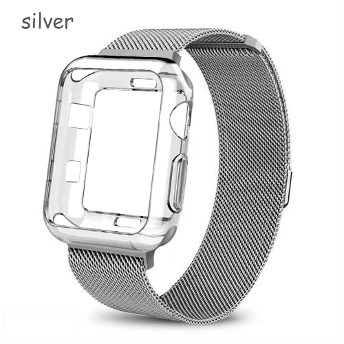 silver Ремешок+ чехол для apple watch ремешок Миланская петля apple watch 5 4 3 ремешок iwatch ремешок 44 мм 40 мм correa 42 мм/38 мм pulseira watch Band - Цвет ремешка: silver