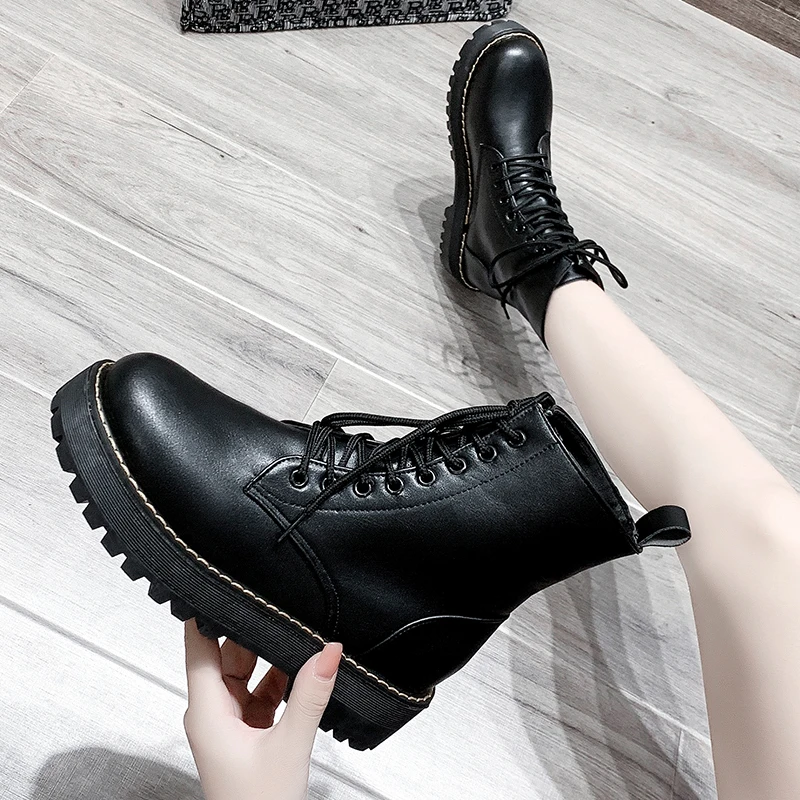 

new. Winter Fashion Women's Boots Lace Up Mid-Calf Round Head Women Boots Black Square-Heel Mid-Heel Pu Women Shoes Botas Mujer