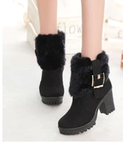 hot square heel women winter shoes classic buckle warm fur snow ladies boots high heels black platform ankle boots women botas