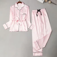 foply faux silk women pajamas set 2 pieces long sleeves satin stripes polka dot printed band sleepwear long pant autumn homewear