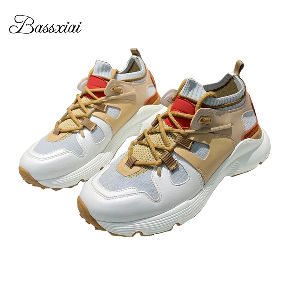 

Mixed Color Casual Shoes Woman Cross-tied Round Toe Thick Heel Air Mesh Leather Patchwork Spring Autumn Zapatos Mujer