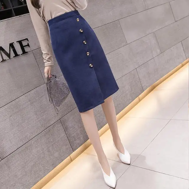 

Women 2021 Autumn Winter Skirt Female Casual Slim Skirt Bag Hip Solid Color High Waist One-Step Pencil Skirt Buttons Skirts A287