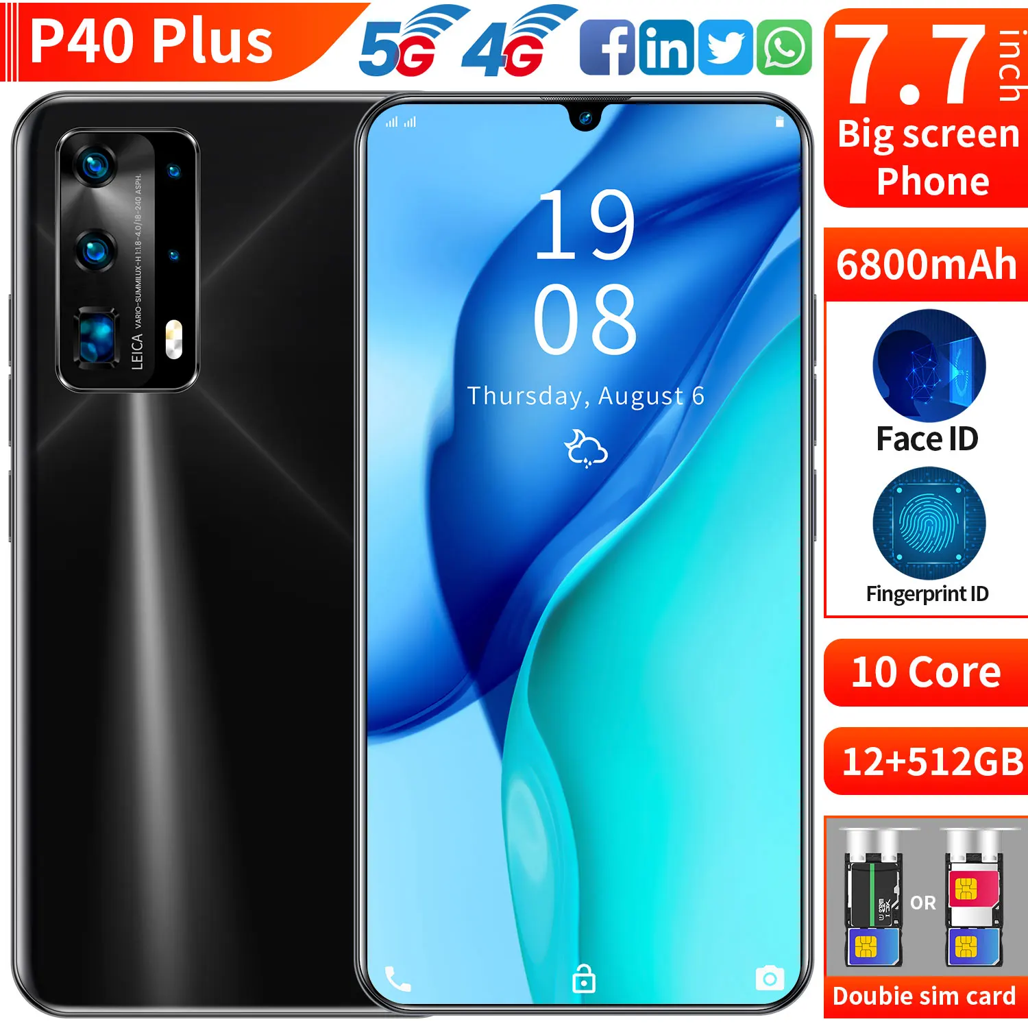 

P40 Plus 7.7 Inch Big Screen 12+512GB 16+32MP 6800mAh Deca Core Dual SIM+Micro SD MTK6889 Fingerprint Unlock Smart Phone Celular