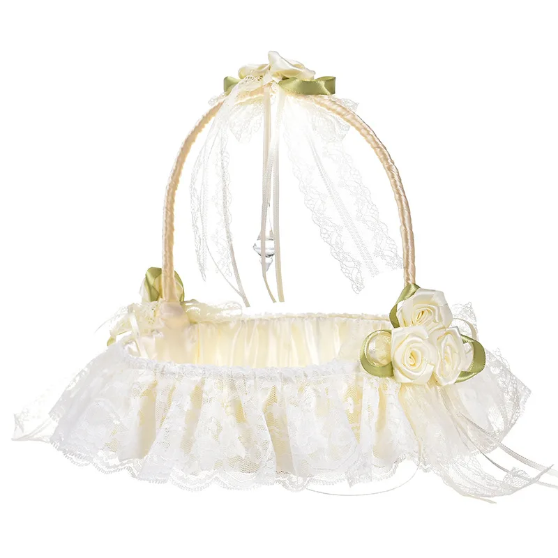 

Rose Flower Handle Basket White Bride Satin Bowknot Bamboo Woven Western Wedding Ceremony Party Decorations Celebration