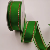 38mm x 25yards organza edges green taffeta wired ribbon with red stitches for gift packagingbox decoration n2223