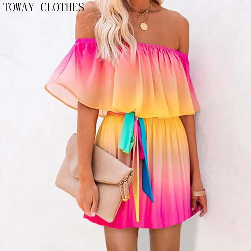 

Женское платье с открытыми плечами и оборками, элегантное мини-платье с градиентным переходом цветов и поясом, лето 2022