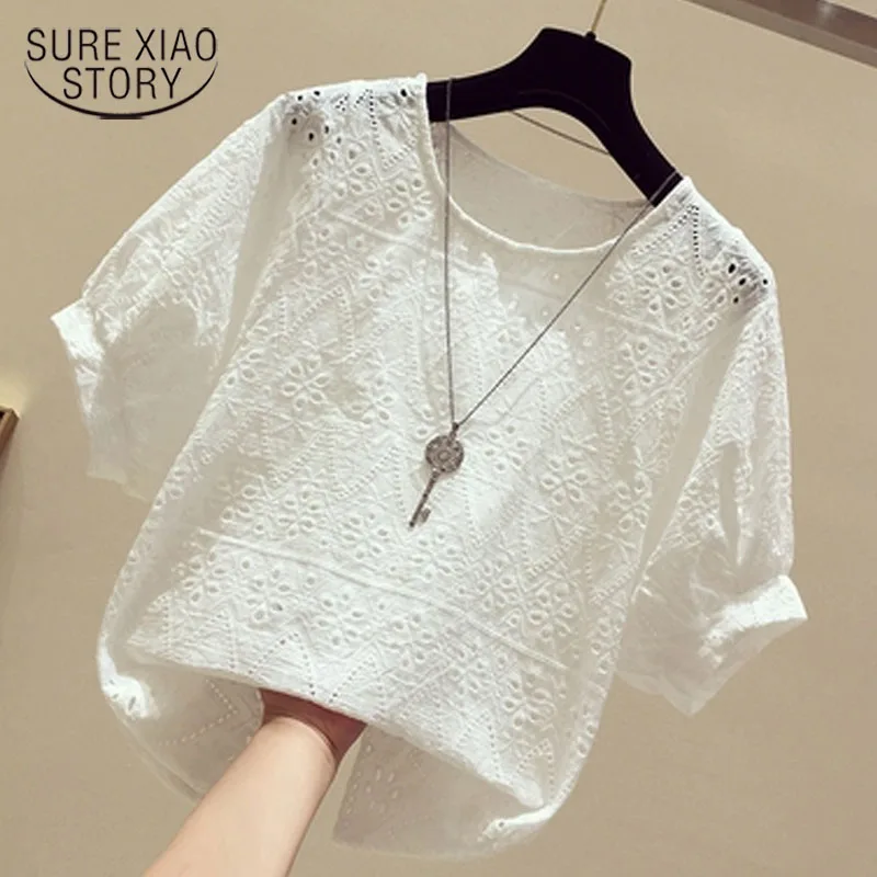 

Summer Solid Color Lace Shirt Women Short Sleeves 2022 South Korea New Loose Hollow Shirt Tops Blusas Mujer De Moda 2022 15379