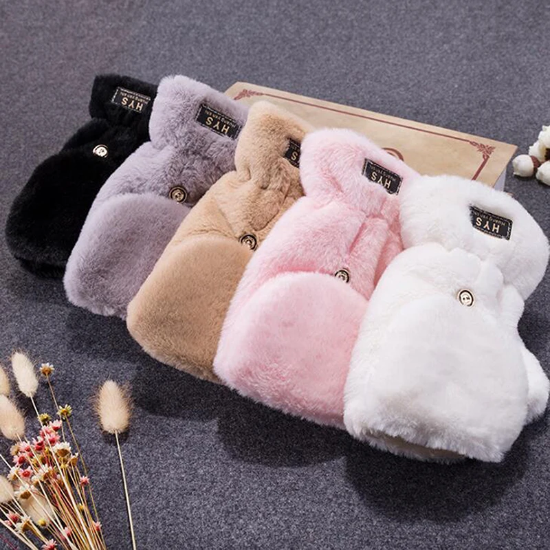 

Cute Female Thick Fingerless Plush Touch Screen Gloves Women Winter Warmer Velvet Flip Half Finger Computer Typing Glove