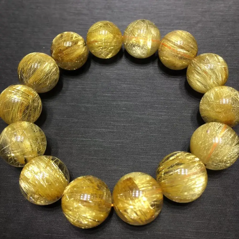 

16mm Natural Brazil Gold Rutilated Titanium Bracelet For Woman Lady Man Crystal Round Beads Stretch Jewelry AAAAAA Certificate