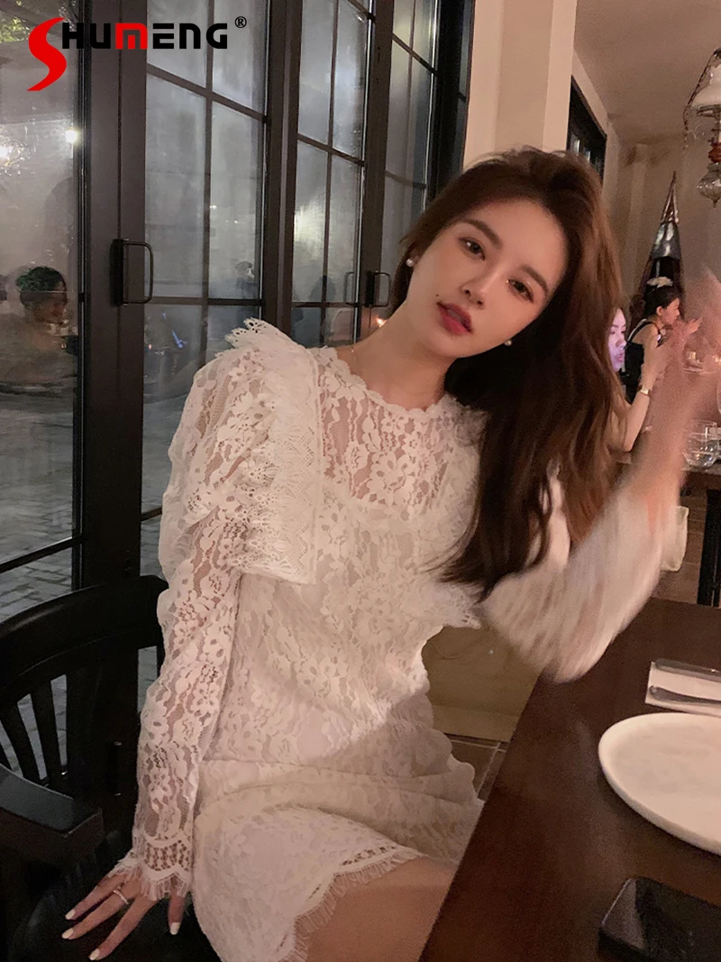 

2022 Spring New Ladies Fashion Fairy White Above Knee Lace Dress Women's French Style Sweet High Sense Long Sleeve Short Dress