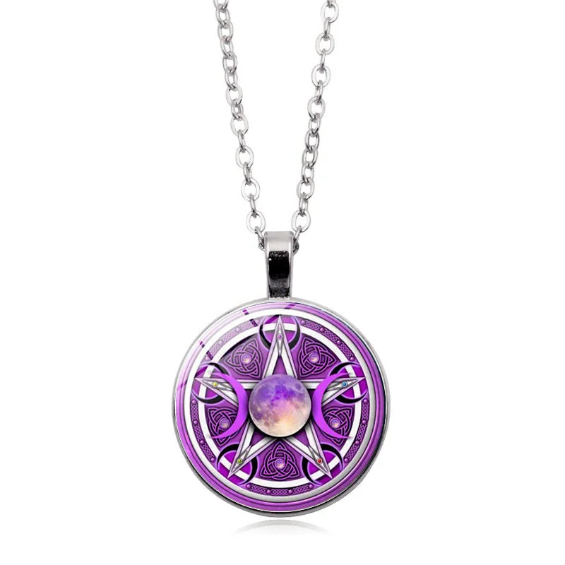 

New Pink Triple Moon Goddess Wicca Pentagram Magic Amulet Necklace Women Tree of Life Moon Necklaces Pendants Vintage Jewelry