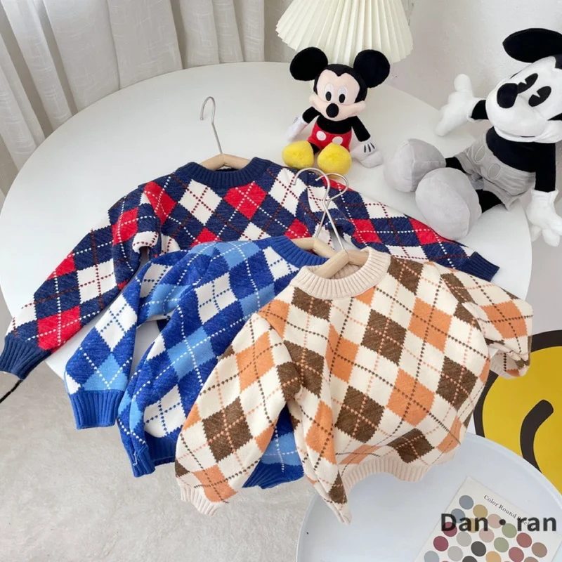 Su&eacute;ter de oto&ntilde;o para ni&ntilde;os y ni&ntilde;as, Jersey de punto con dibujos de pato, oso, rat&oacute;n y cuadros, ropa informal, E2600, novedad de 2021-5
