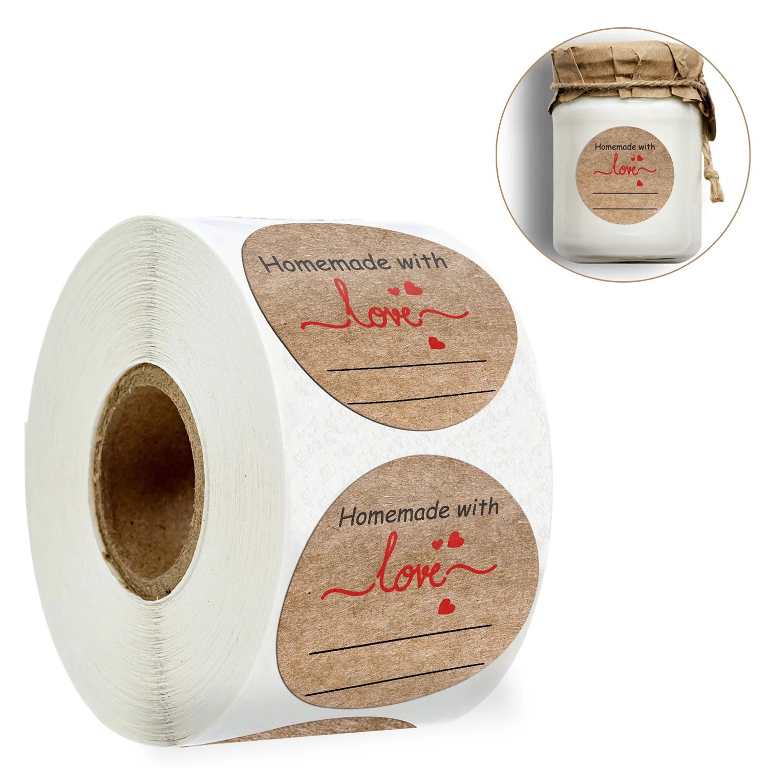 

500pcs/roll Round Natural Brown Kraft Sticker Homemade with Love Labels with Lines 1.5 Inch Blank Writing Stickers for Gift Bag