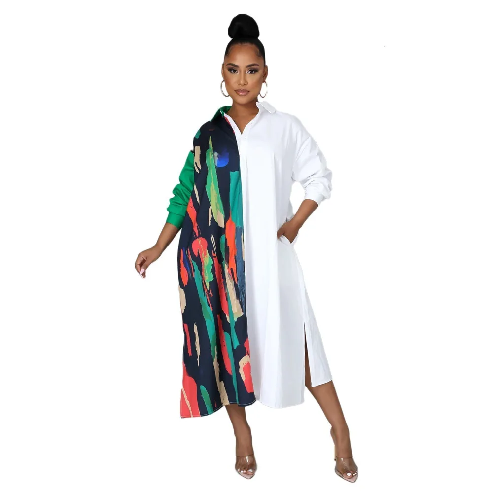 

Casual Loose Contrast Color New Shirt Style Women's Dress Long Sleeve Turn Down Collar Office Lady Lrregular Dress Robs Vestido