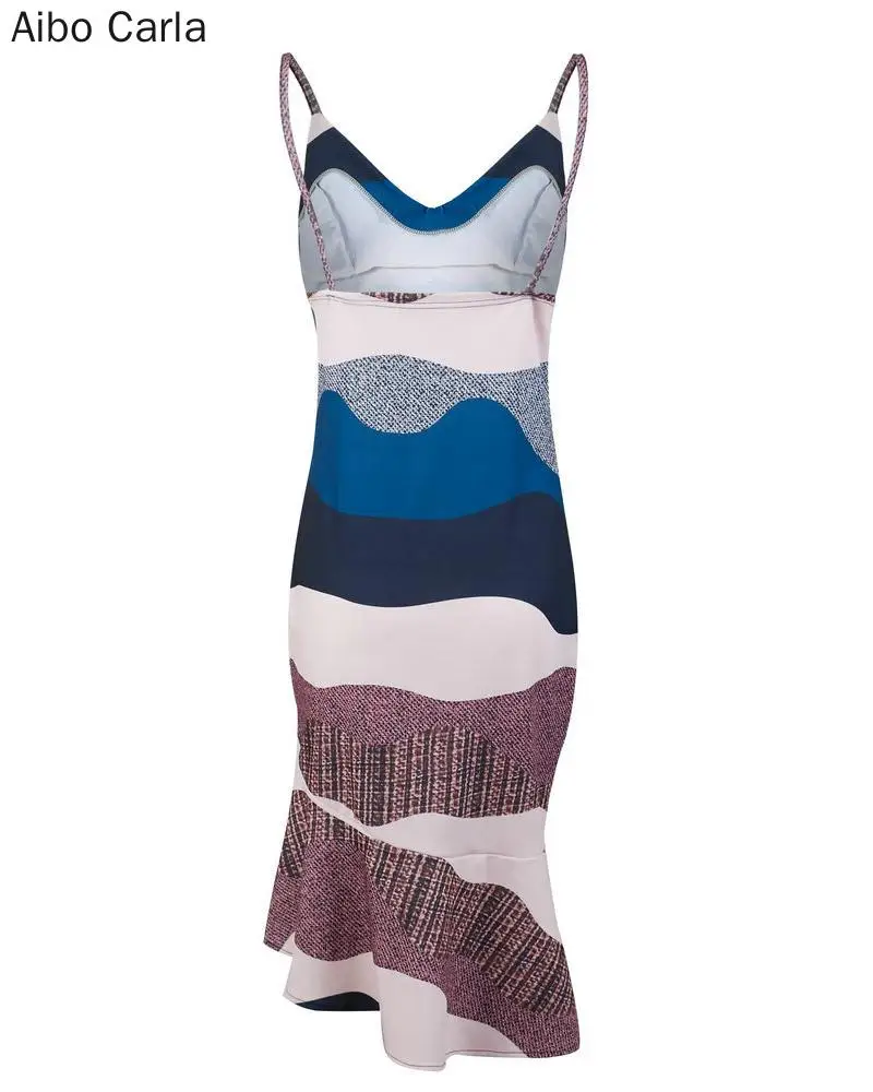 

Elegant Colorblock Print Spaghetti Strap Ruffles Dress Irregular Slit Mini V Neck Sleeveless Dress
