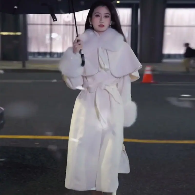 Длинный и короткий белый съемный плащ-ветровка зимнее новое шерстяное пальто