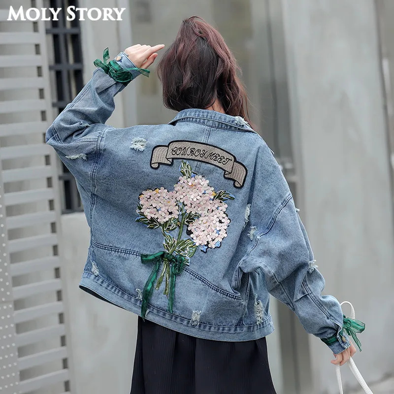 Autumn New Korean Style Bow Cute Pink Flower Oversized Denim Jacket Embroidered Jeans Jacket Women Coats