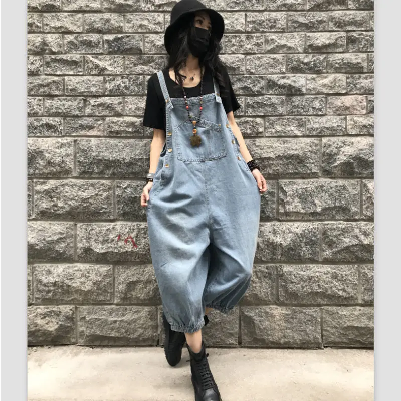 

Cool Denim Overalls Women's Large Size 2020 Autumn Casual Loose Vintage Wide Leg Jumpsuit Calf-Length Pants Mom Jeans High Waist