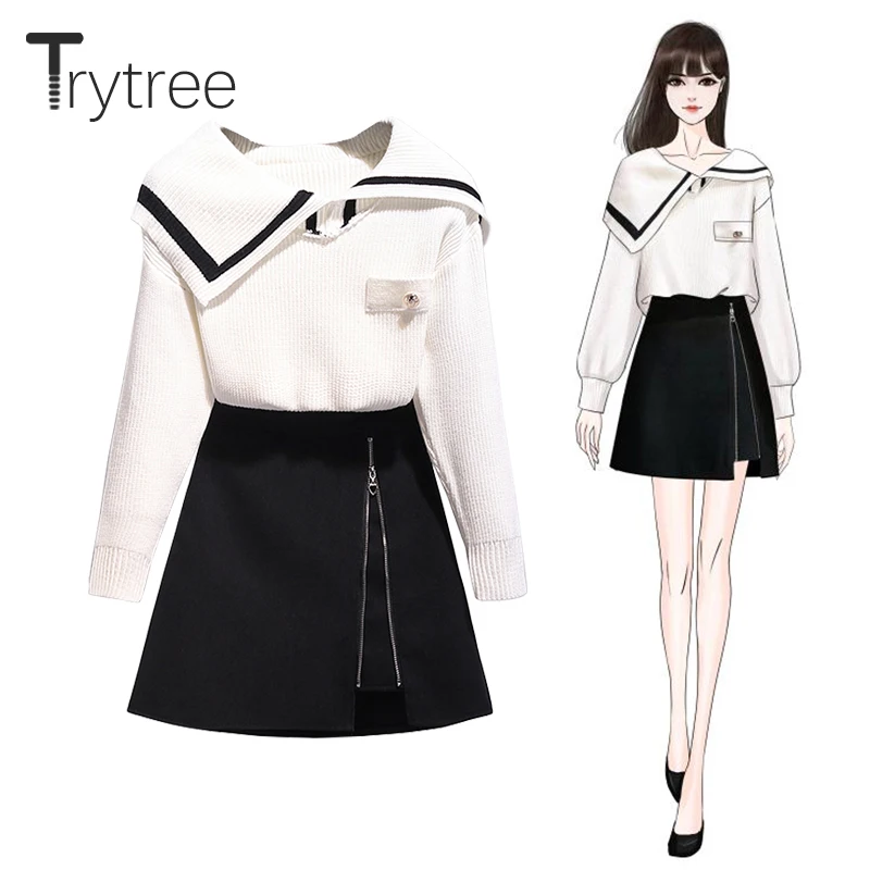 Trytree осенне-зимний комплект из двух предметов Повседневный вязаный Свободный Топ с матросским воротником+ юбка мини на молнии модный А-силуэт комплект из 2 предметов