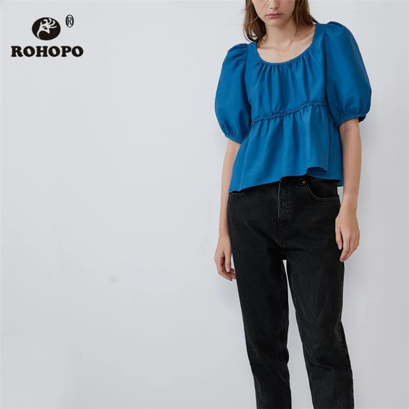 ROHOPO Высокая Низкая баска оверлокированная талия с пышными рукавами синяя блузка