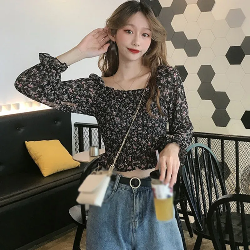 

Women Summer Pleated Small Floral Print Chiffon Blouses Shirts Lady Casual Puff Sleeve Square Collar Blusas Top Feminina New
