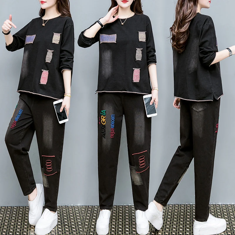 

2021 Весна Женская мода размера плюс с нашивками в виде букв, вышитые топы + брюки спортивные костюмы Женская обувь в винтажном стиле; Большие ...