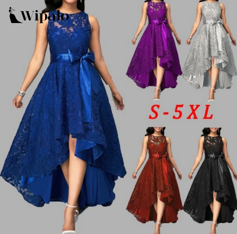 Wipalo Women Plus Size Vintage Sleeveless High Low Hem Belted Lace Party Dress Waist Solid Maxi S 5XL Ladies Vestidos|Женские платья| |