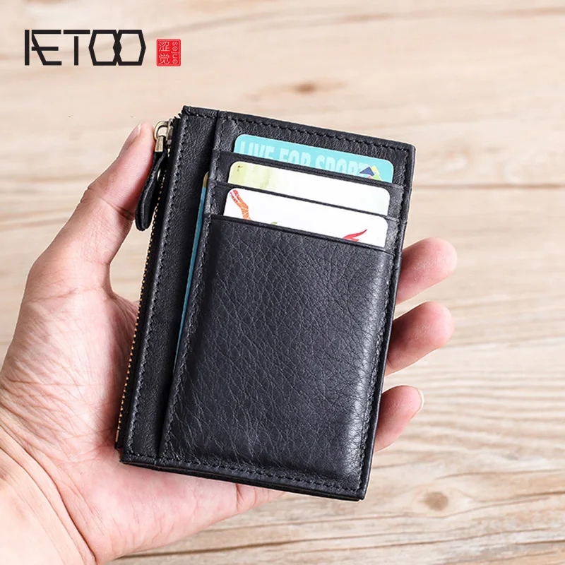 Кожаный мужской кошелек AETOO ручной работы ультра тонкий маленький зажим для