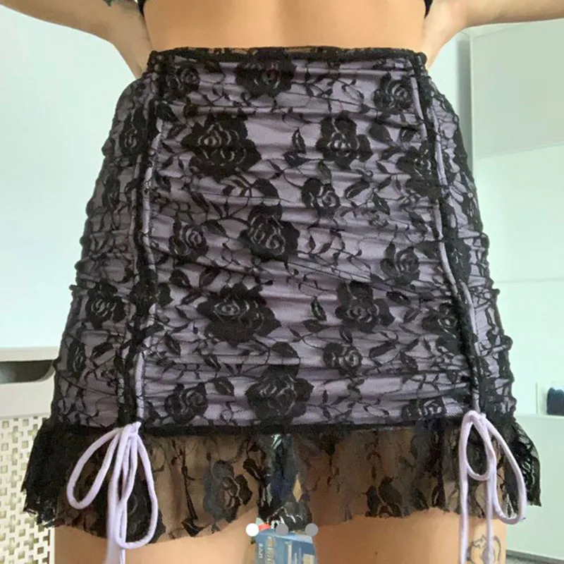 

Cute Lace Black Mesh Y2K Skirt Women Vintage Transparent Sexy Tie Up Bow Ruched A Line Straight Girl Skort Street 90s Iamhotty