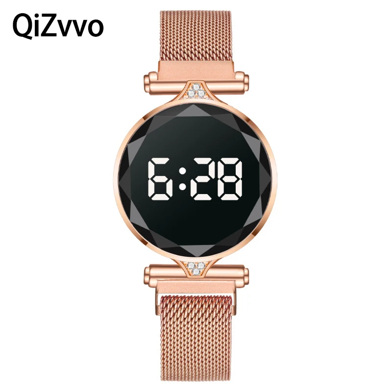 

QiZvvo Digital Magnet Watches For Women Rose Gold Stainless Steel Dress LED Quartz Watch Female Clock Relogio Feminino Drop Ship