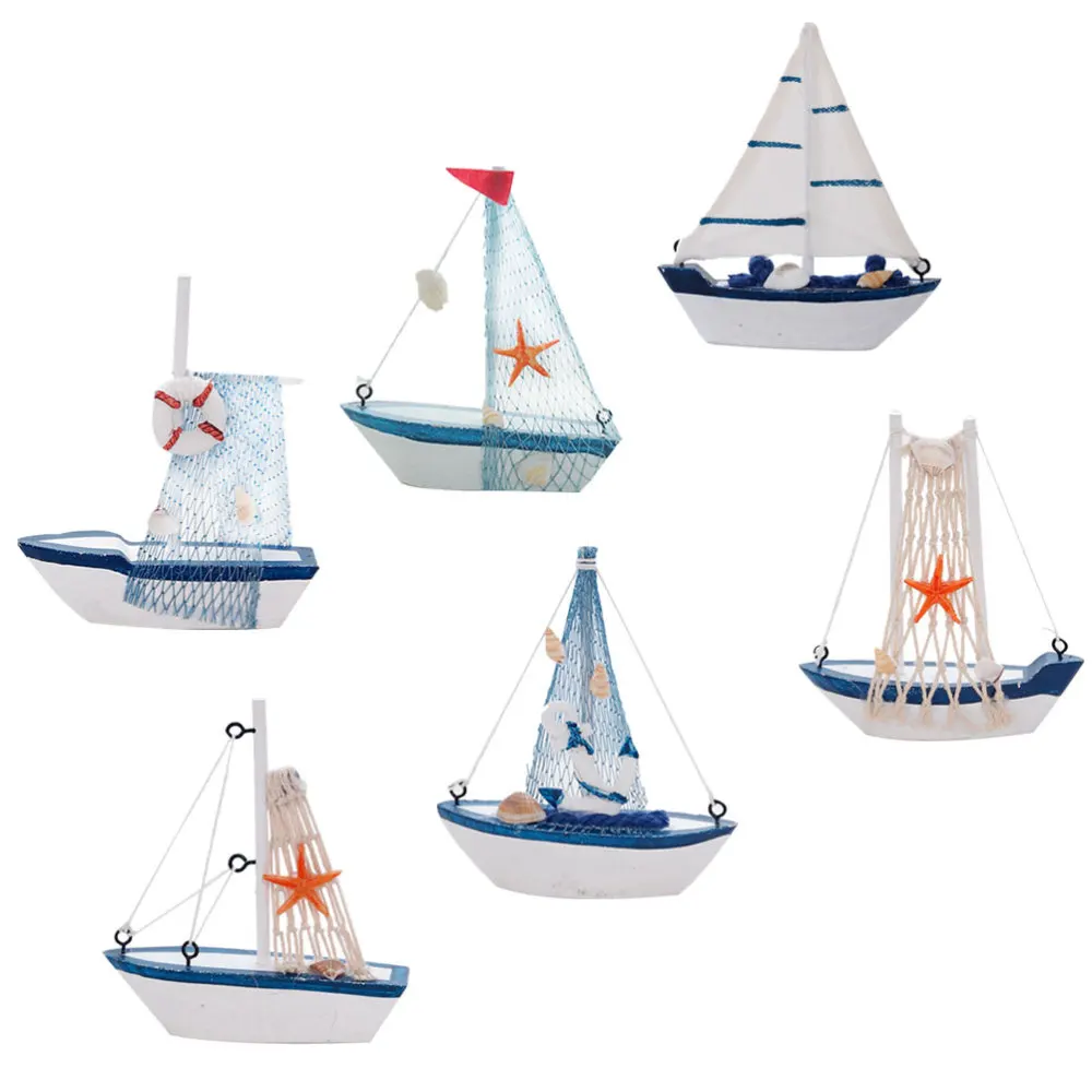 

6pcs Wooden Sailboat Model Ornament Mediterranean Fishing Boat Style Wooden Craft for Home Table Decoration