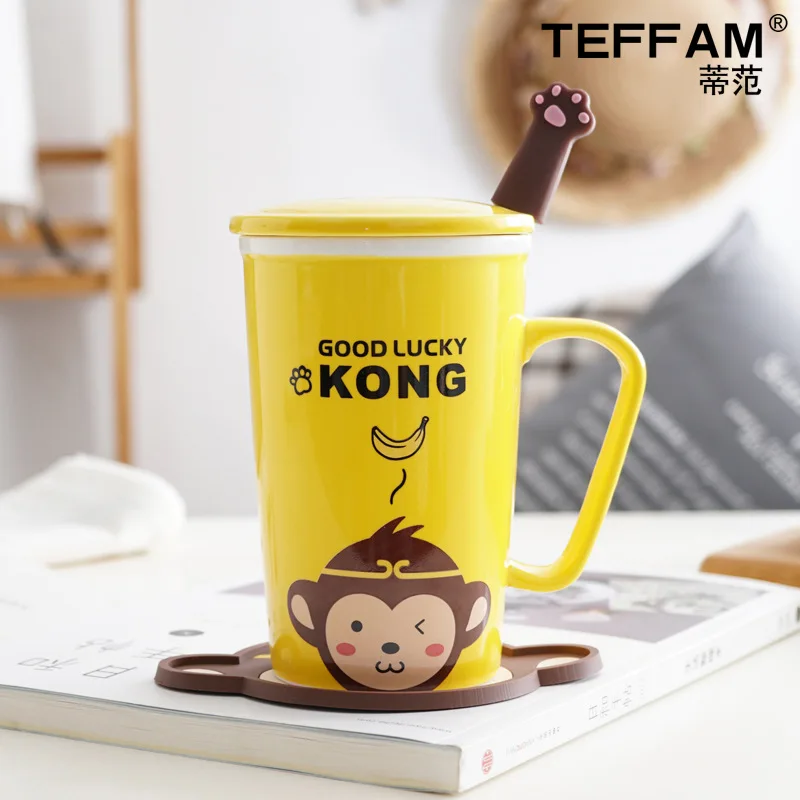 Yellow Monkey 360 мл керамические кофейные кружки с изображением животных с крышкой и ложкой, чашки для молока, чая, воды, креативные подарки, мультяшный стиль, обезьяна, кролик, для Чи - Цвет: Yellow Monkey