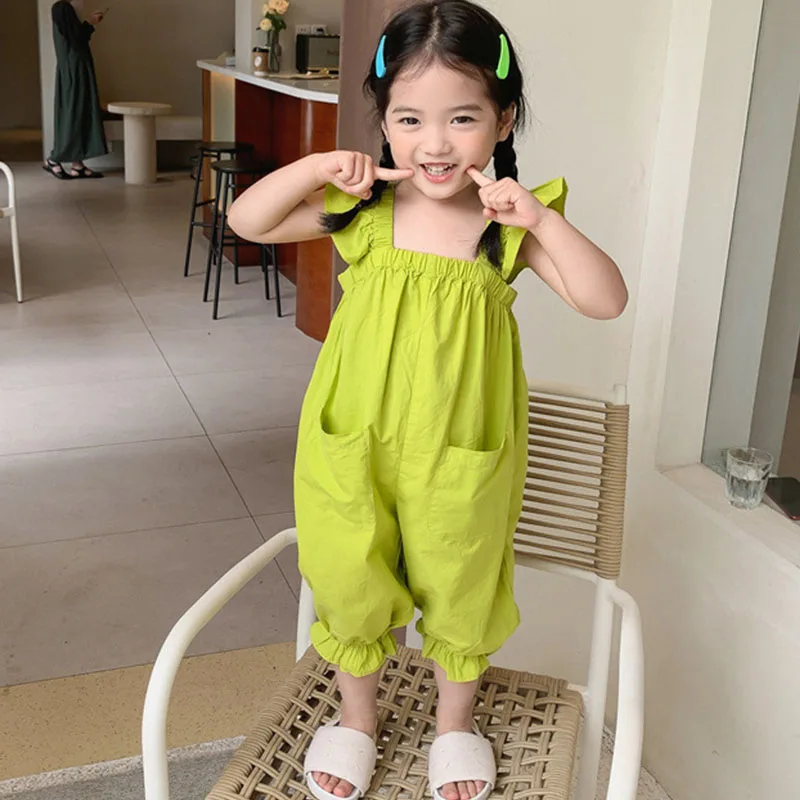

Blue Green 2021 New Summer Baby Girls Trousers Jumpsuit Pockets Cute Children's Overalls Spring Pants Clothes For Kids Clothing
