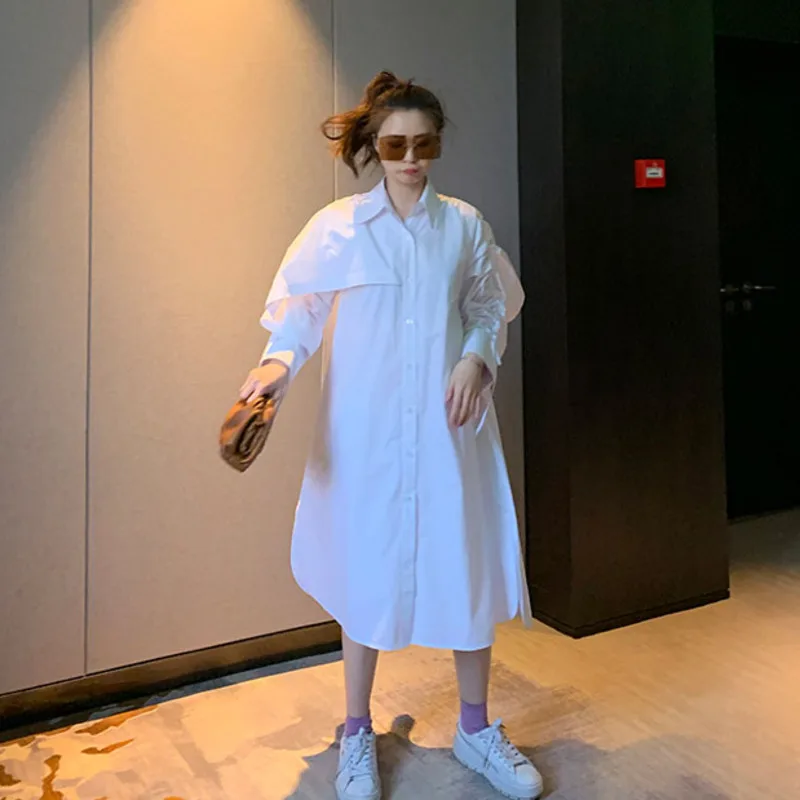 

Women White Solid Color Shirt Big Size Dress New Lapel Neck Long Sleeve Loose Fit Fashion Tide Spring Autumn 2020 T427