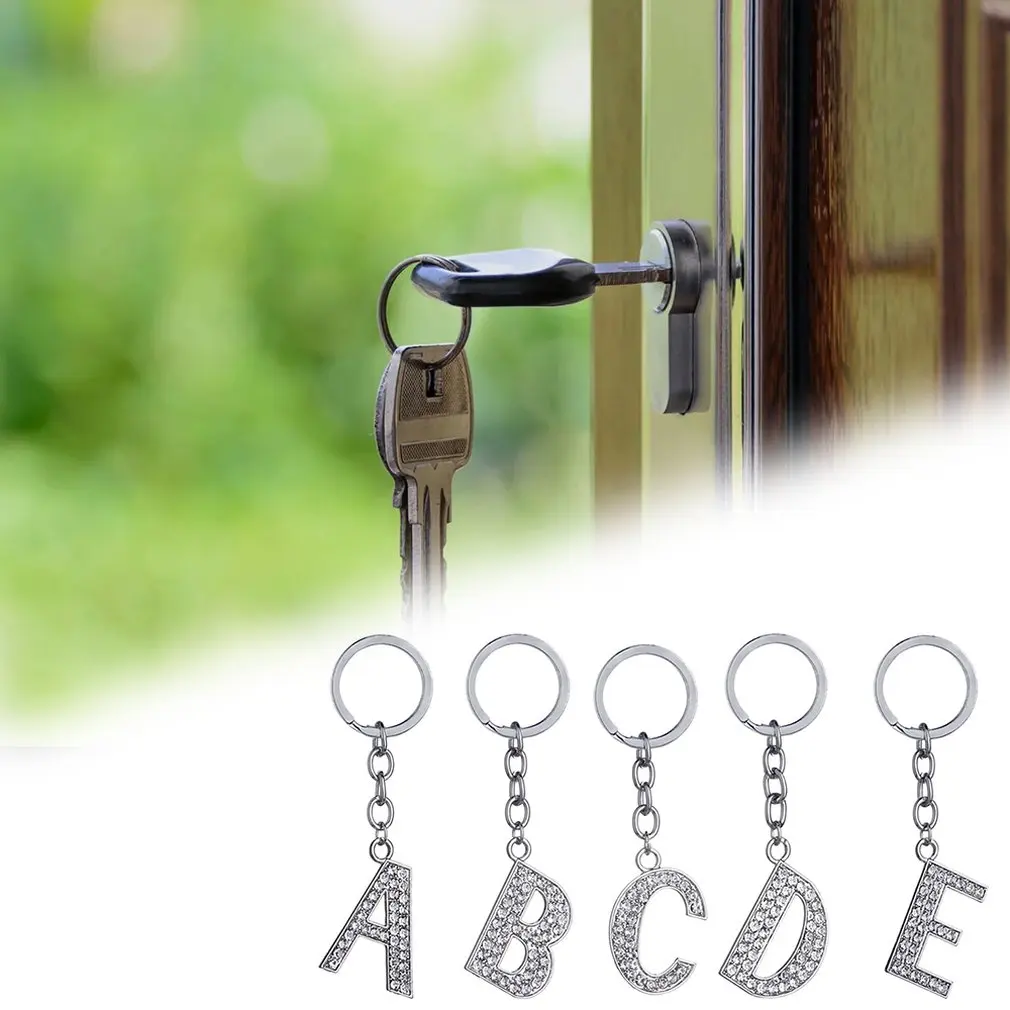 

2020 New 1Pc Alphabet Keyring 26 English Word Key Ring Shiny Silver Key Chain Crystal Charms For Woman