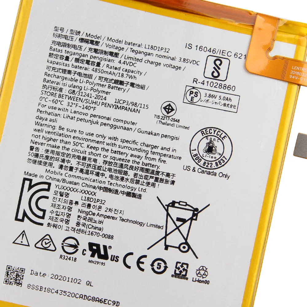 Original Replacement Battery For Lenovo Smart Tab M10 L18D1P32 Genuine Battery 4850mAh