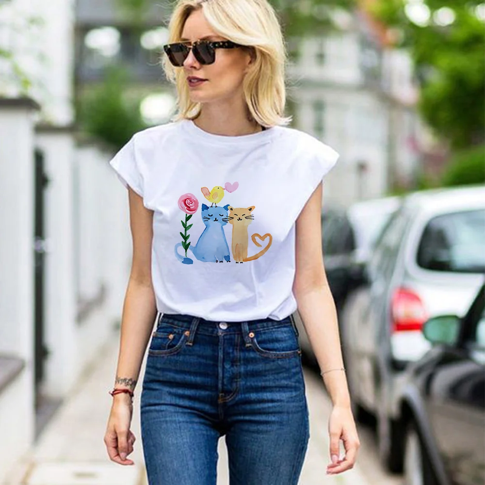 

Cute Cat Aesthetic Printed Women Cartoon Couple T shirt Summer Casual France Popular Lovers T-shirt Romantic O-neck Ropa 2021