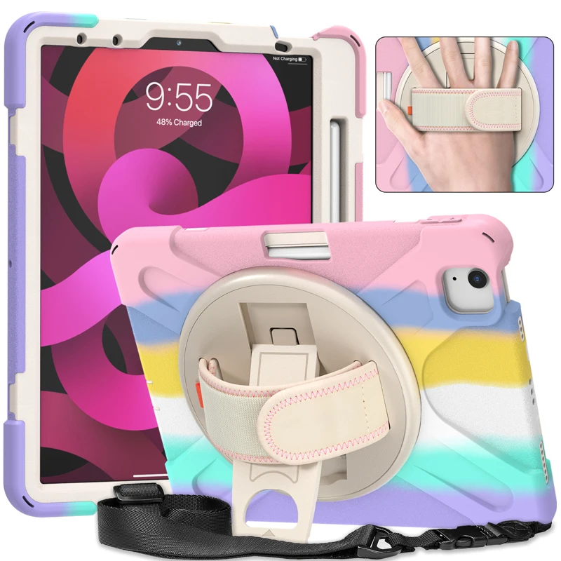 

For iPad 10.9 Inch Colorful Silicon Shockproof Case iPad Air4 Shoulder Handheld Cover 360 Degree Rotation PC Stand Back Case