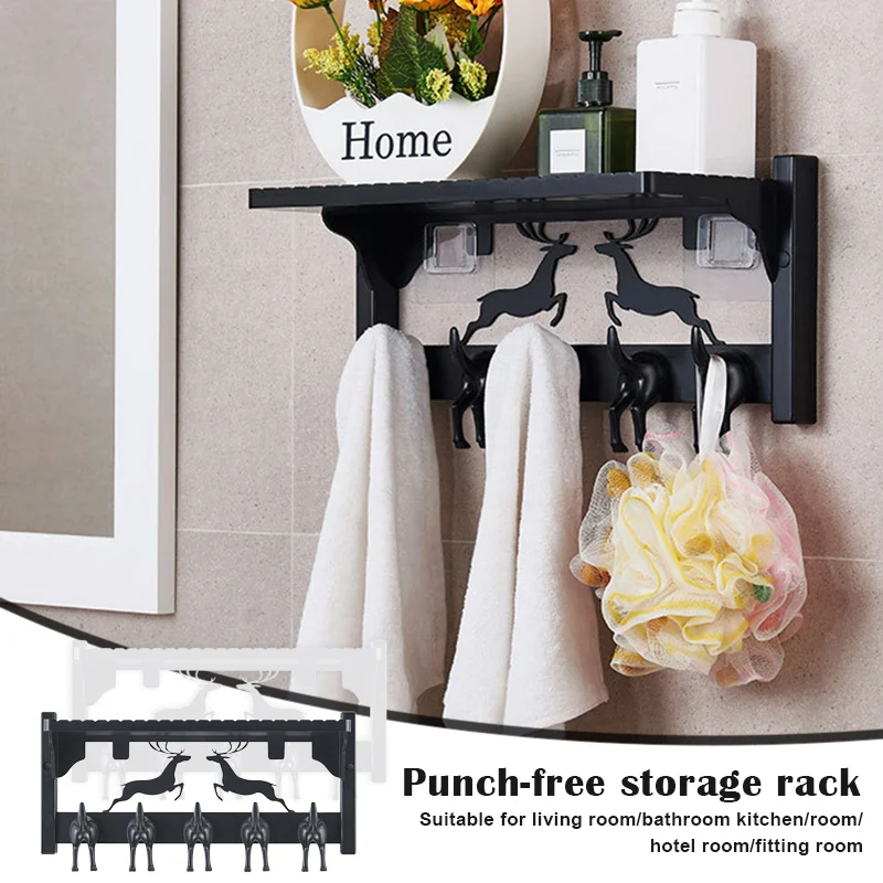 

Wall-Mount Coat Rack with 5 Hooks Punch-free Wall Shelf Coat Hook Rail for Hallway Bathroom Closet Room MJJ88